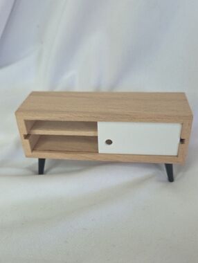 Doll House Mid-Century Mini Wooden TV Stand with White Sliding Door